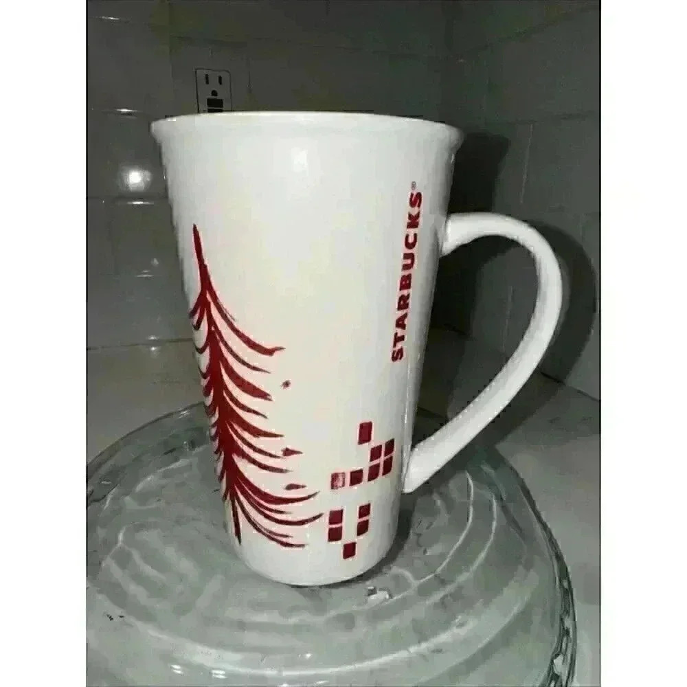 Starbucks 2014 Tall White Mug w/ Red Pine Tree Block Graphics 17.8 oz Preowned